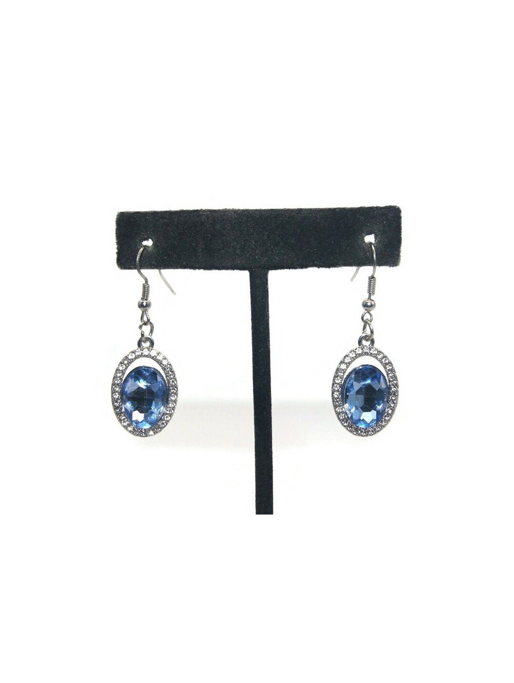 Vintage Silver Tone, Clear Rhinestones and Faceted Blue Oval Dangle Earrings.